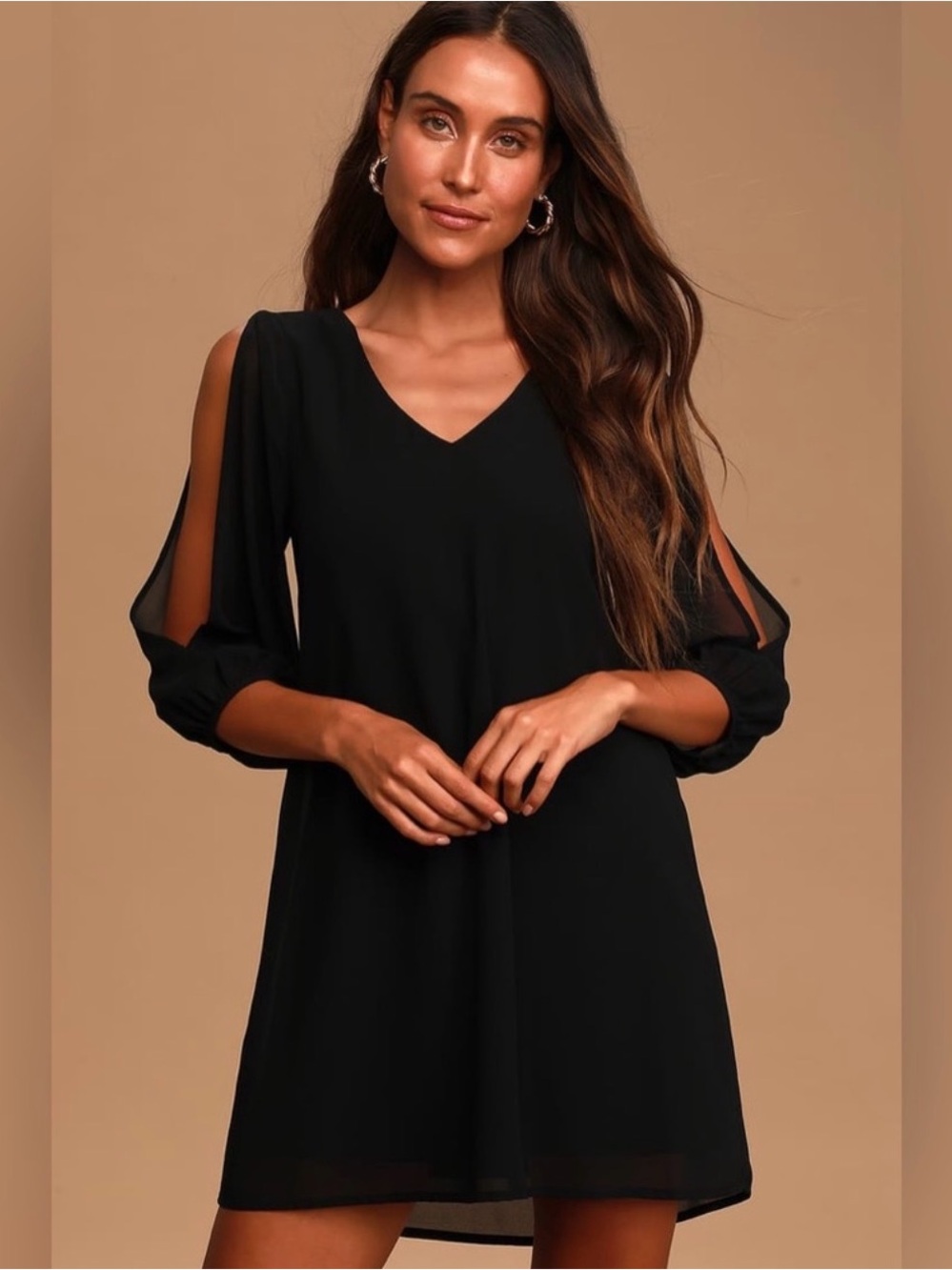 Lulu's Black V-Neck Cold-Shoulder Mini Dress with Sheer Sleeves